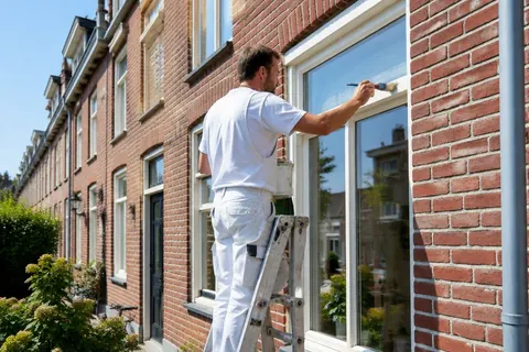 Schilder schildert het kozijn van een bakstenen huis